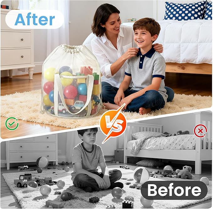 4 Pack Large Mesh Toy Storage Bags,Heavy Duty Mesh Bag with Drawstring, Durable & Breathable for Toys, Laundry, Pool & Beach Accessories, Home & Travel Organization