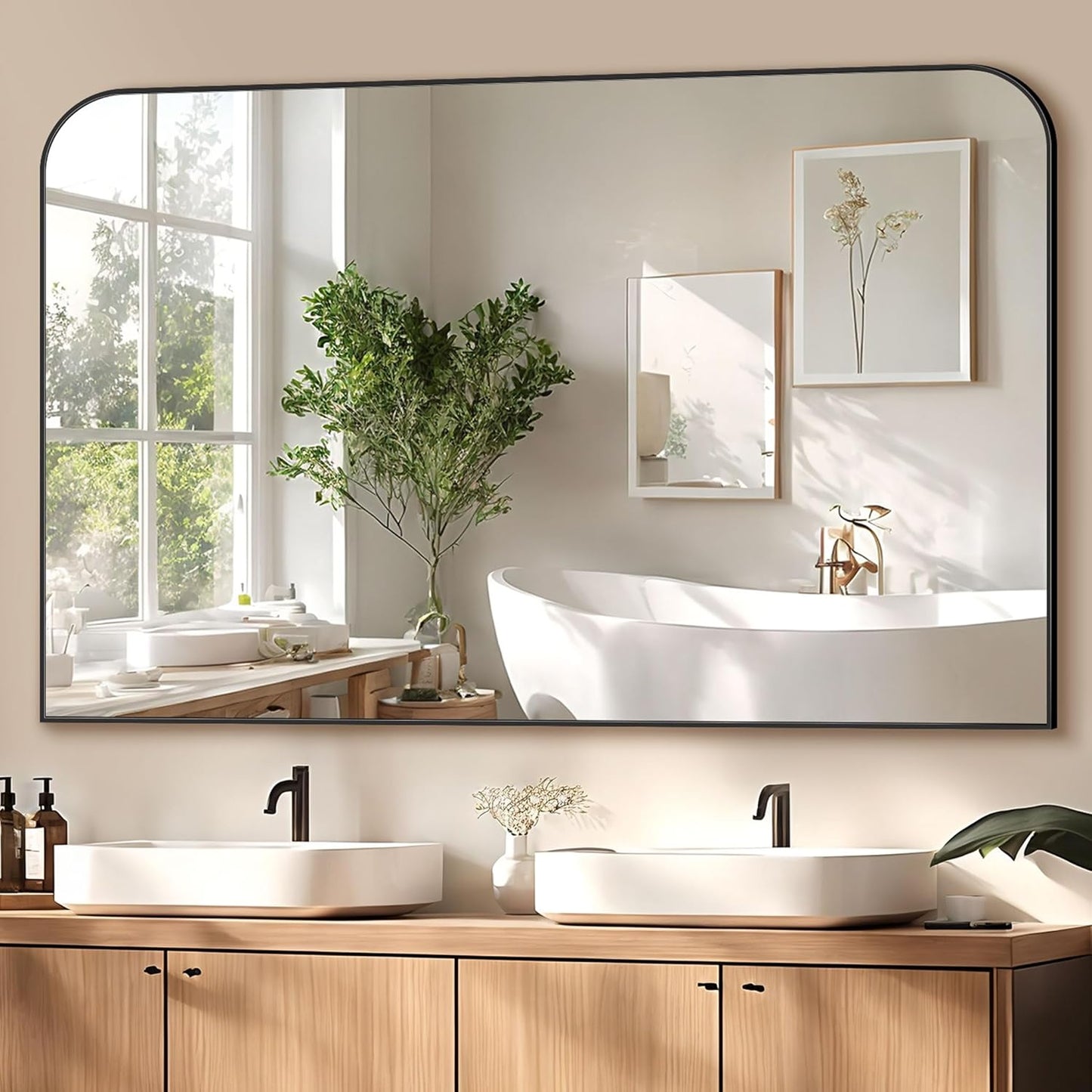 Bathroom Mirror, Wall Mirrors, Black Metal Framed Wall-Mounted Mirrors, Bathroom Vanity Mirror for Over Sink, Living Room, Bedroom, Entryway, 48x32 Inch, Black
