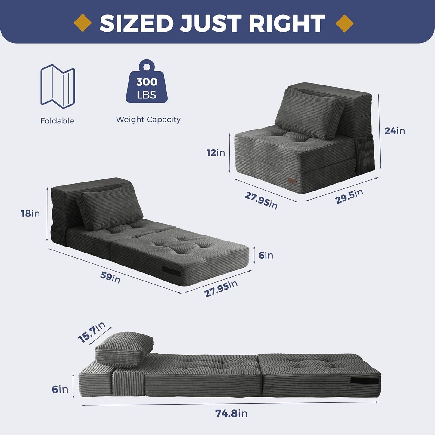 MAXYOYO Convertible Sofa Bed, Fold Out Single Sleeper Sofa with Pillow, 4 in 1 Tufted Folding Couch Bed Foam Floor Couch, Lazy Chair for Living Room Bedroom Guest Room, Dark Grey