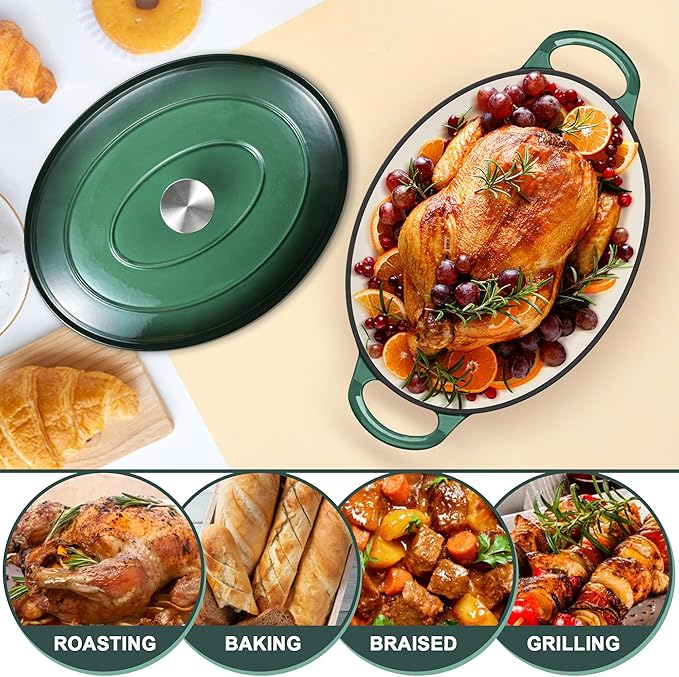 E-far 5QT Oval Dutch Oven Pot with Lid, Enameled Cast Iron Dutch Oven with Dual Handles, Heavy-Duty Cookware for Sourdough Bread Baking, Braising, Stews, Oven Safe & Easy Clean, Dark Green