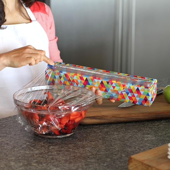 Chicwrap Triangles Refillable Plastic Wrap Dispenser - Includes One 12" x 250' Roll of Professional Grade Plastic Wrap - BPA Free and Kosher Certified - Reusable Dispenser w/Slide Cutter