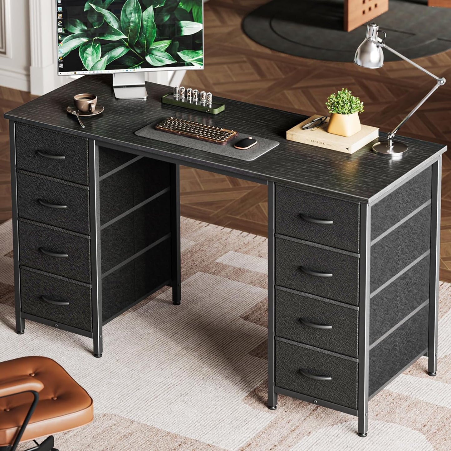 Huuger 47 Inch Computer Desk with 8 Fabric Drawers, Office Desk Work Desk for Home Office, Study, Gaming Desk with Drawers, Large Storage, Black