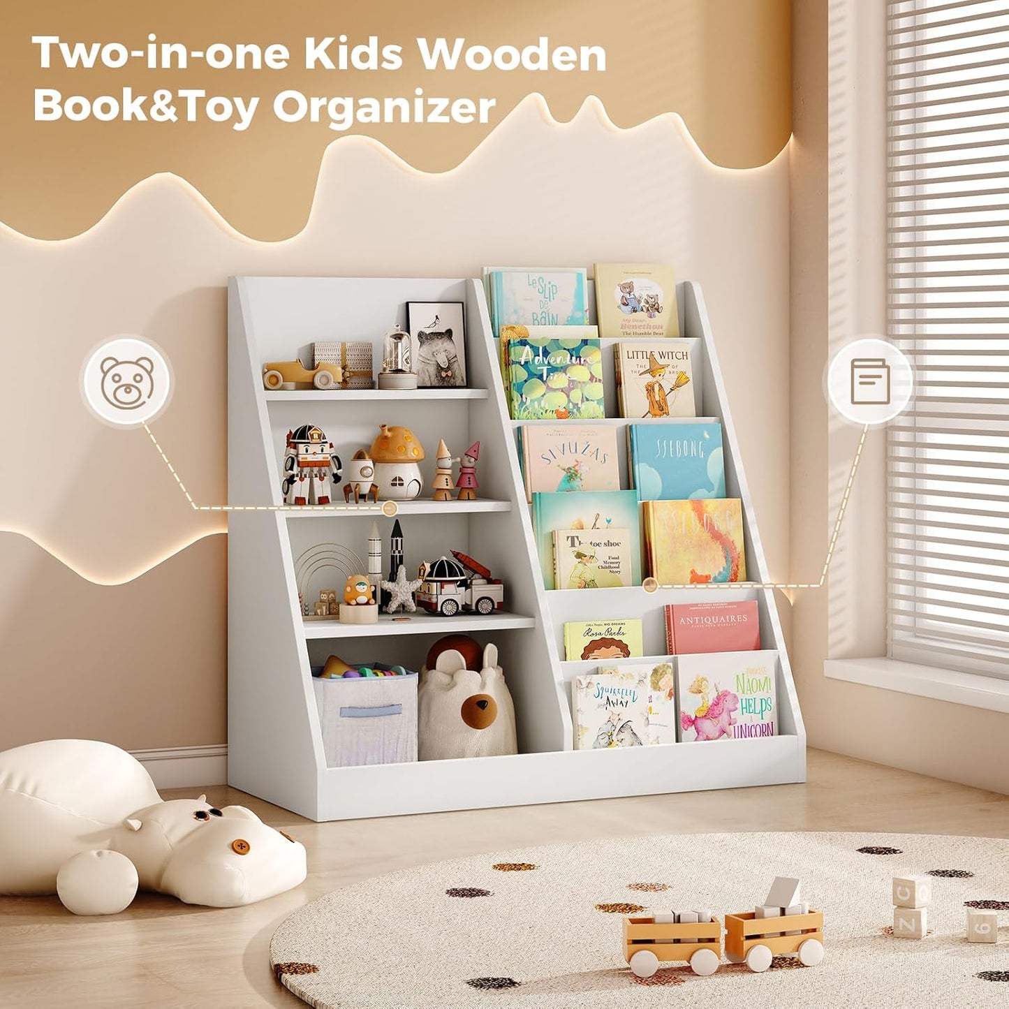 Tatub 6 Tier Kids Wooden Bookshelf and Toy Storage, Children Toy Organizer with Book Shelves, Toddler BookRack Baby Bookcase for Nursery, Playroom and Classroom, White