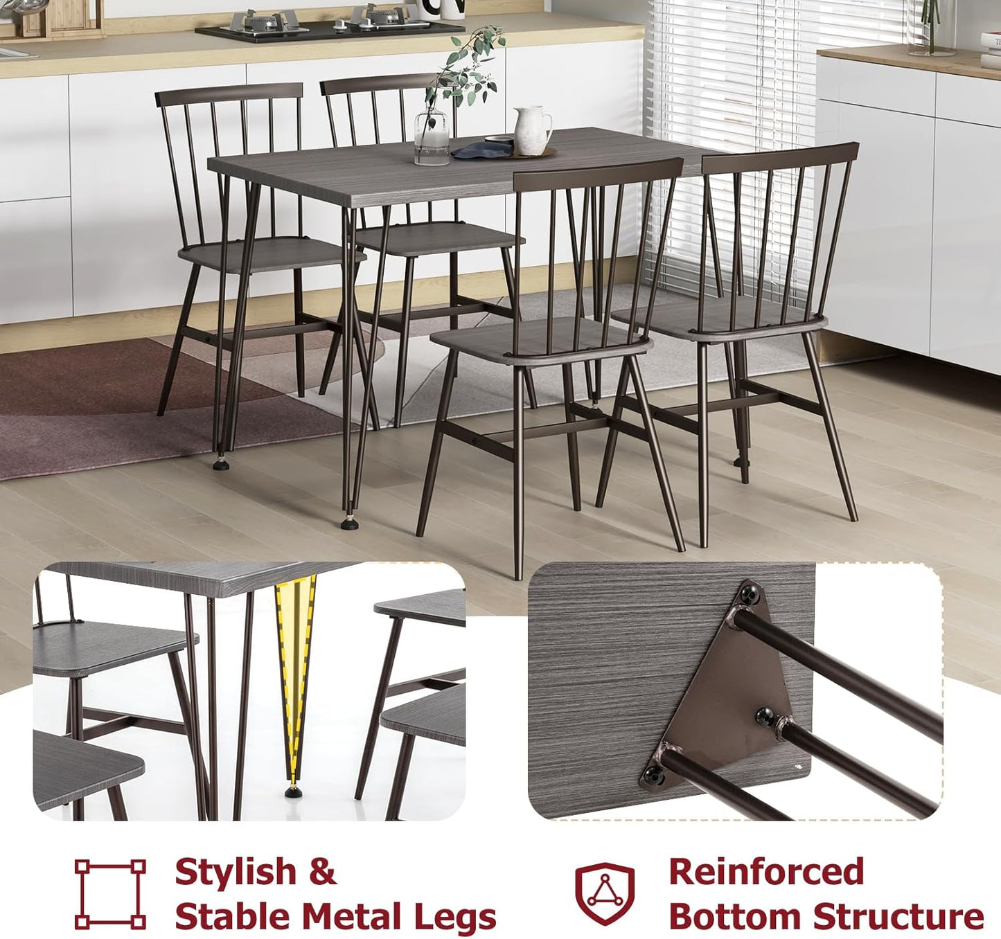 Tangkula Dining Table Set for 4, Kitchen Table and Chairs Set of 4 w/Metal Frame, 360° Swivel Feet, Space-Saving Dinette Table Set for Living Room, Restaurant, Breakfast Nook (Grey Oak)