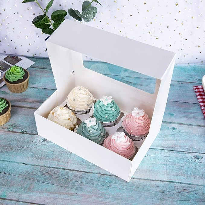 ONE MORE Cupcake Boxes with Inserts 6 Holders,9.5x6.3x3inch Large White Standard Bakery Boxes with Window Food Grade Cake Carrier Container for Muffins,Gift Treat Box Bulk,Pack of 15