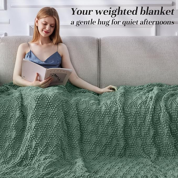 Knitted Weighted Blanket for Adult, Chunky Knit Weighted Throw for Sleep 60"*80" 12lbs, Cooling Breathable Machine Washable Heavy Blanket for Room Decor (HazeGreen, Queen)
