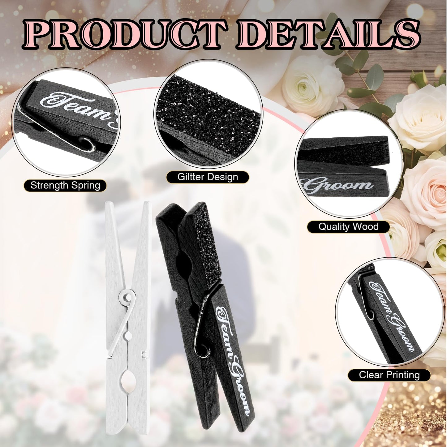 Tinlade 30 Pcs Wedding Game Party Favor Team Bride & Groom Set Glitter Black White Clothes Pins for Guest Wedding Wall Hanging Picture Clip Decor for Bridal Shower Bachelorette Send off Party Supplies