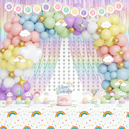 Hombae Rainbow Birthday Party Decorations, Pastel Colorful Party Decor for Girls, Party Supplies Includes Balloons Garland Kit Fringe Curtains Banner Cutouts Tablecloth Cake Cupcake Toppers Cloud