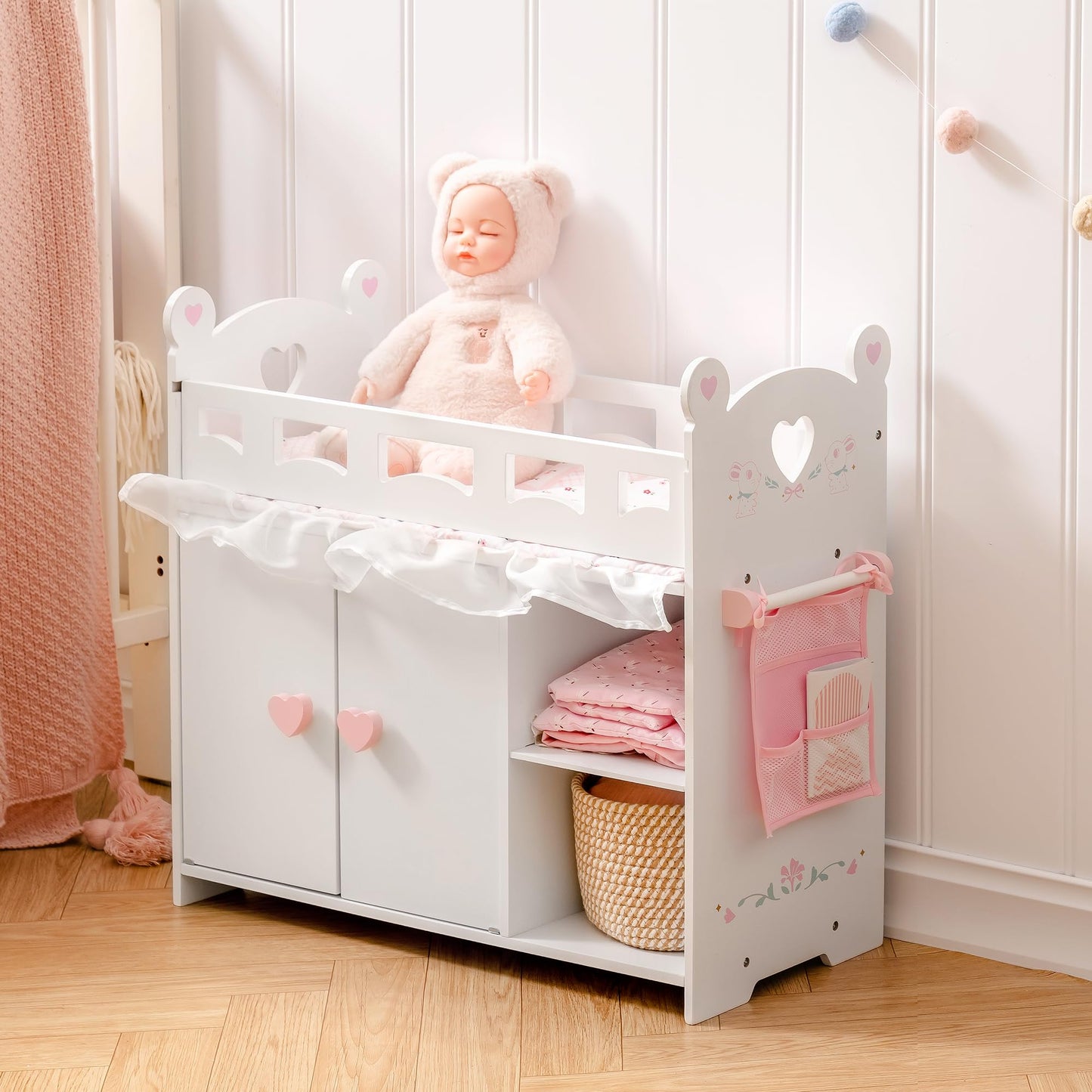 ROBUD Baby Doll Crib, Wooden Doll Bed, Baby Crib Toy with Storage, Bedding, Storage Bag and 3 Hooks, 18-21 inch Doll Accessories, Girl Doll Furniture Ages 3+ (White)