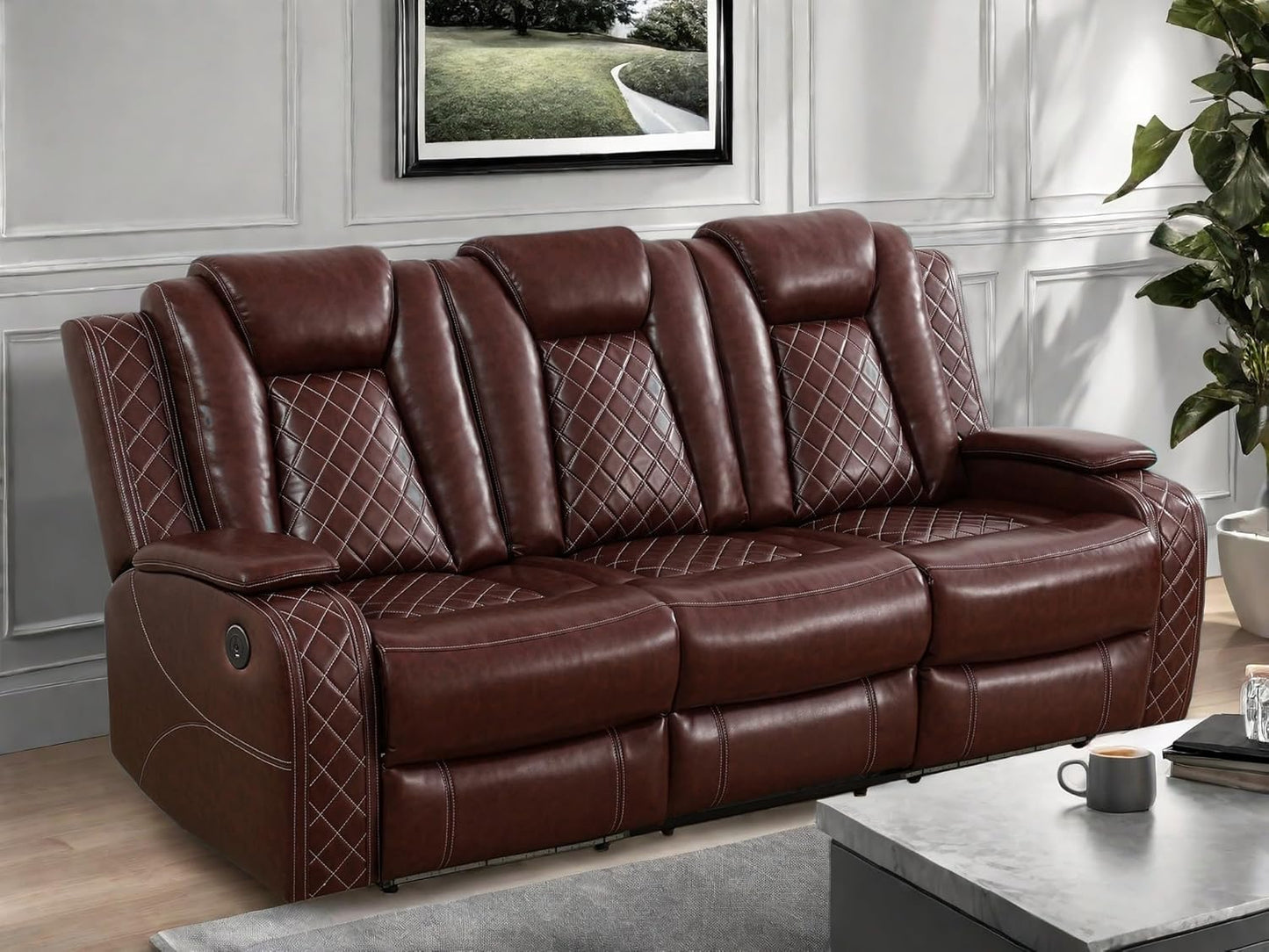 Leather Recliner Sofa Couch, 3-Seater Home Theater Seating Reclining Sofa, Power Reclining Couch with Cup Holders & Drop Down Table for Living Room Furniture Sets, Red