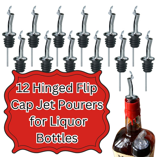 Tablecraft Wine Liquor Bottle Pourers, Hinged Flip Cap Jet Pourer, Dispenser Bar Tool for Controlled Pouring of Alcohol Drinks and Shots, Foodservice Jet Spout with Flip Cap for Bars, 12 Pieces