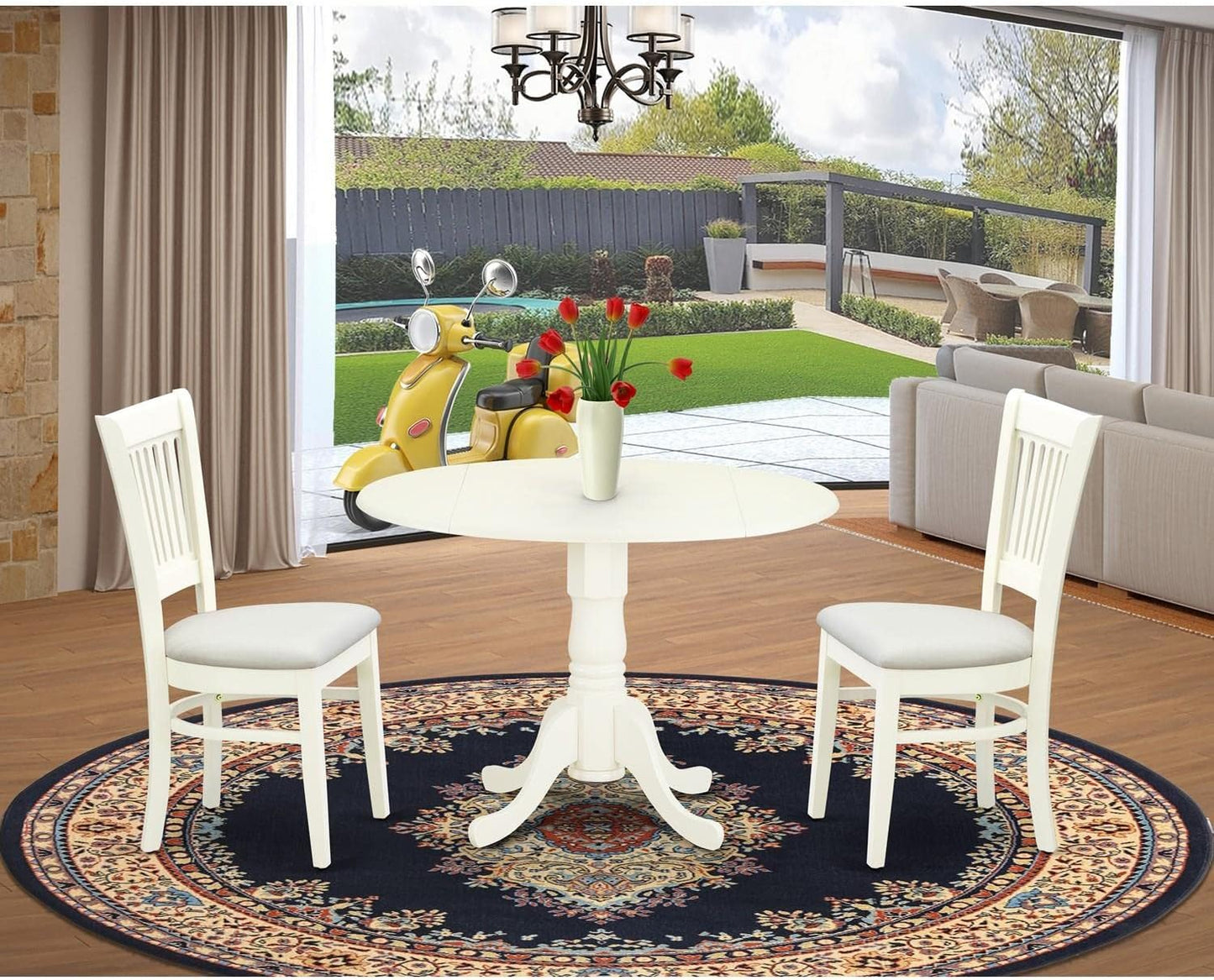East West Furniture DLVA3-LWH-C 3 Piece Modern Dining Table Set Contains a Round Wooden Table with Dropleaf and 2 Linen Fabric Upholstered Dining Chairs, 42x42 Inch, Linen White