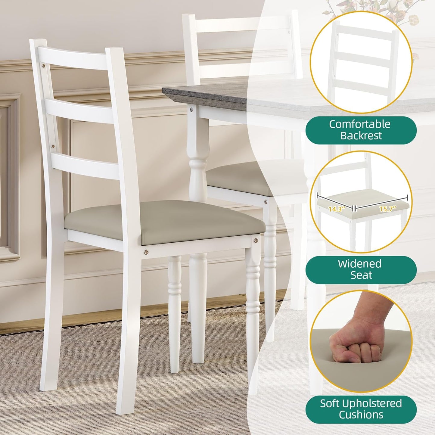 DWVO 5-Piece Dining Table Set for 4, Kitchen Dining Room Table with Upholstered Chairs, Faux Leather Cushions, Modern Rectangular Dinner Table Set for Small Spaces & Apartment, White Grey