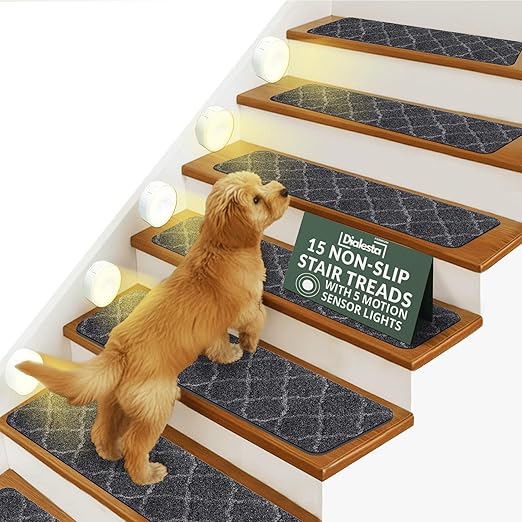 Stair Treads for Wooden Steps Indoor, Includes 15 Non-Slip Carpet Mat 8x30in with 5 Motion Sensor Lamps, Peel & Stick Carpet Stair Treads,Safety Stair Rugs for Kids, Elderly and Pets (Dark Gray)
