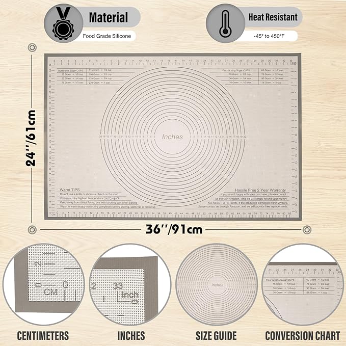 Silicone Pastry Mat 34x26 Inch - Nonstick Baking Mat Perfect for Dough, Pastry, Pie Crust, Fondant, Bread, Cookies, Pasta, Pizza