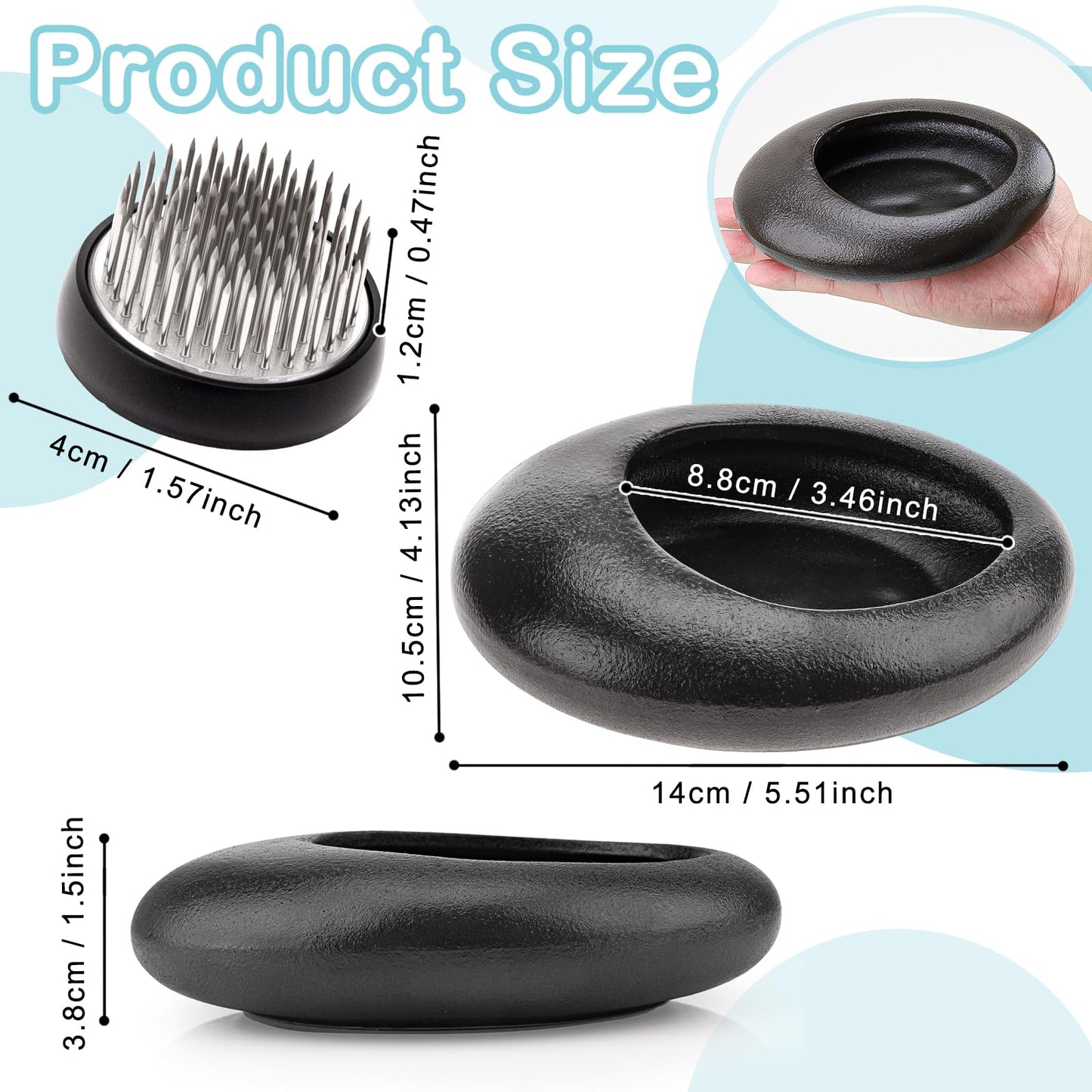 Folmywy Ikebana Flower Frog Vase Kit Japanese Flower Arrangement with 1.57 Inch Kenzan Ceramic Flower Stem Holder Black Round Frog Bowl for Table Centerpieces DIY Art Supplies (5.51x4.13in)