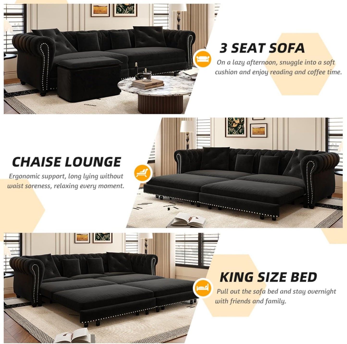 KEIKI 3-in-1 Velvet Chesterfield Sofa Bed with Ottoman, Convertible King Size Sleeper Couch, Rolled Arm Design, Comfortable 3-Seater for Living Room or Bedroom, Black