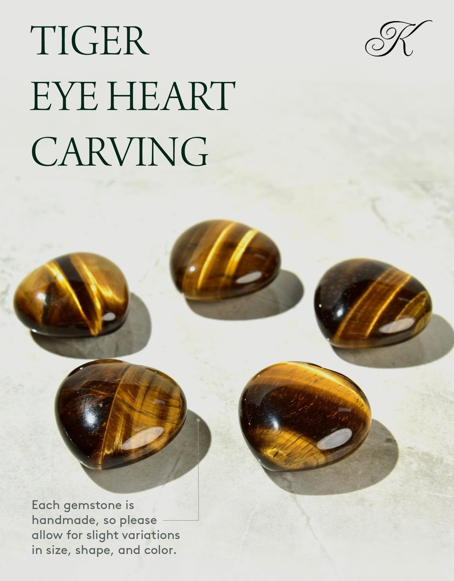 KALIFANO Tiger's Eye Heart - Worry Stone with Healing & Calming Effects - AAA Grade High Energy Crystal with Information Card - Reiki Carving Used for Protection (Family Owned)