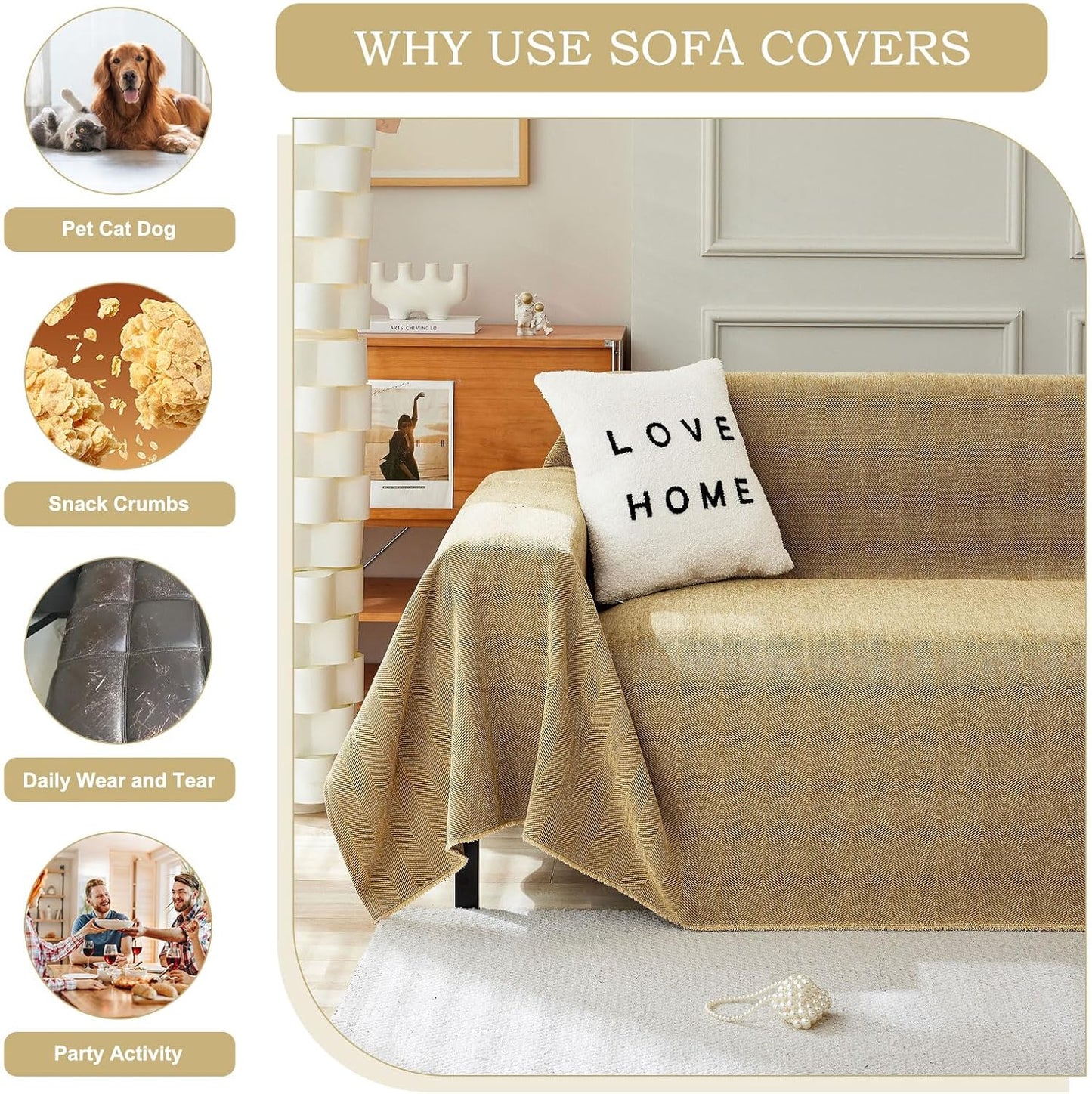 STACYPIK Wear-Resistant Chenille Yellow Sofa Cover, Couch Cover for Dogs, Washable Pets Protector for 3 Cushion Couch, Sofa Covers for Loveseat, Non-Slip Sectional Cover, Throw Blanket-71X150IN