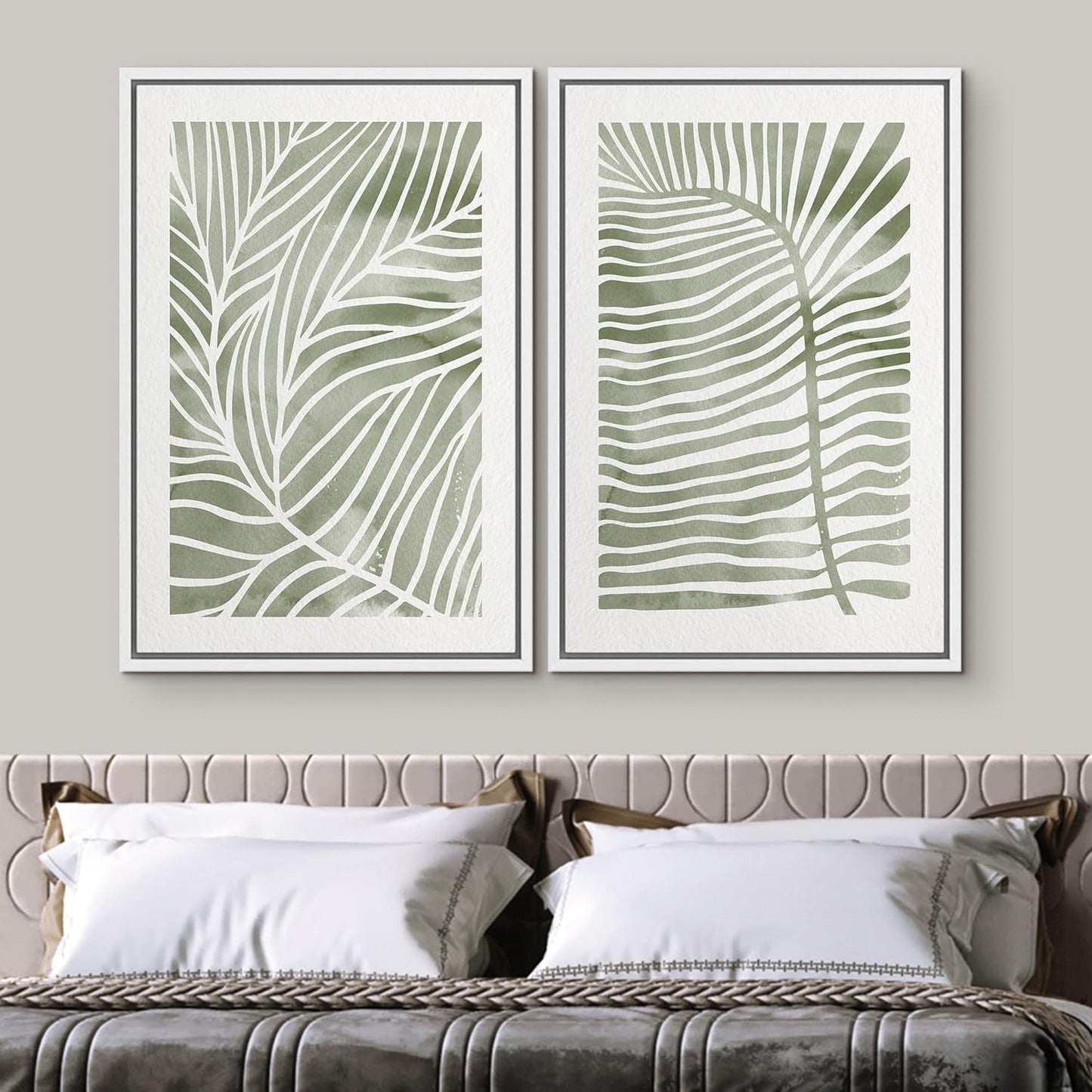 SIGNWIN Canvas Print Wall Art Set Green White Tropical Island Palm Leaves Nature Wilderness Illustrations Modern Art Rustic Multicolor for Living Room, Bedroom, Office - 24"x36"x2 White