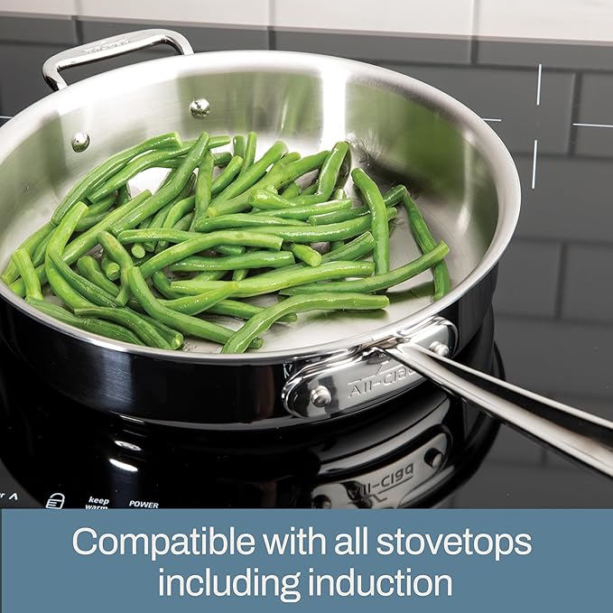 All-Clad D5 5-Ply Brushed Stainless Steel Fry Pan 8 Inch Induction Oven Broiler Safe 600F Pots and Pans, Cookware Silver