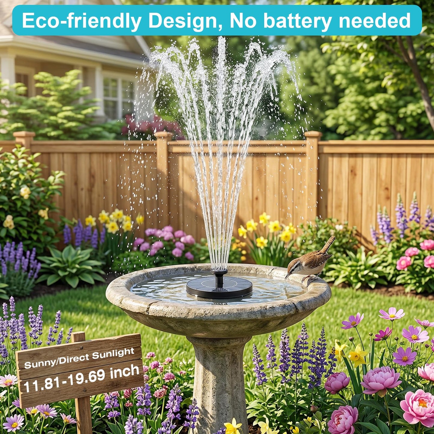 AMZtime Solar Fountain for Bird Bath, New Upgrade Mini Solar Fountain Pump, Free Standing Solar Powered Water Pump for Garden, Outdoor, Fish Tank, Pond and Pool