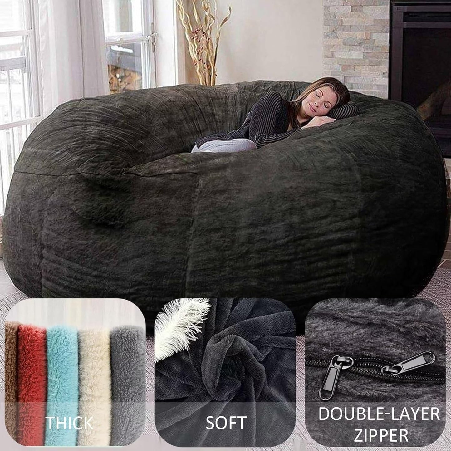 BCU Oversized Bean Bag Cover Comfy Beanbag Chair for Adults Without Filler Faux Fur Lazy Sofa Cover for Living Room Chairs, Grey, 5FT