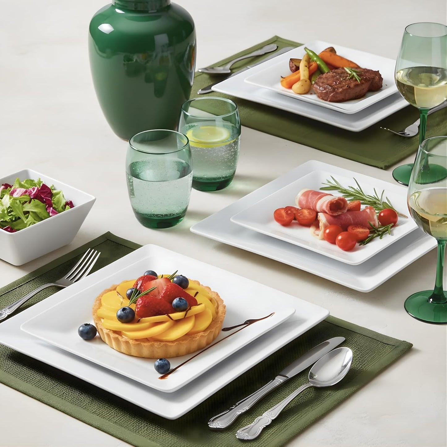 TP 12-Piece Dinnerware Set, Melamine Dishes Set with Bowls and Plates, Non-breakable and Lightweight Square Dinner Set for 4, White