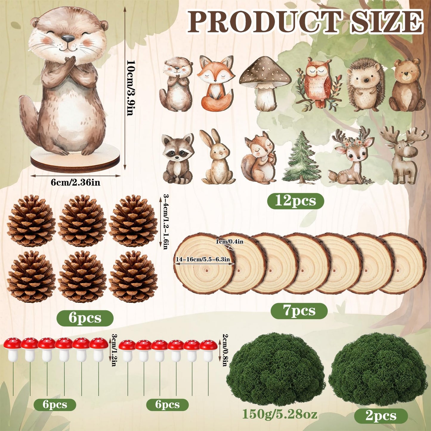 FineCheer 39 Pcs Woodland Animal Table Centerpieces Kit, 12 Forest Animals Wood Cutouts with Wood Rounds Moss Pine Cones Mushroom Decorations for Baby Shower Birthday Party Decor Set Nursery Supplies