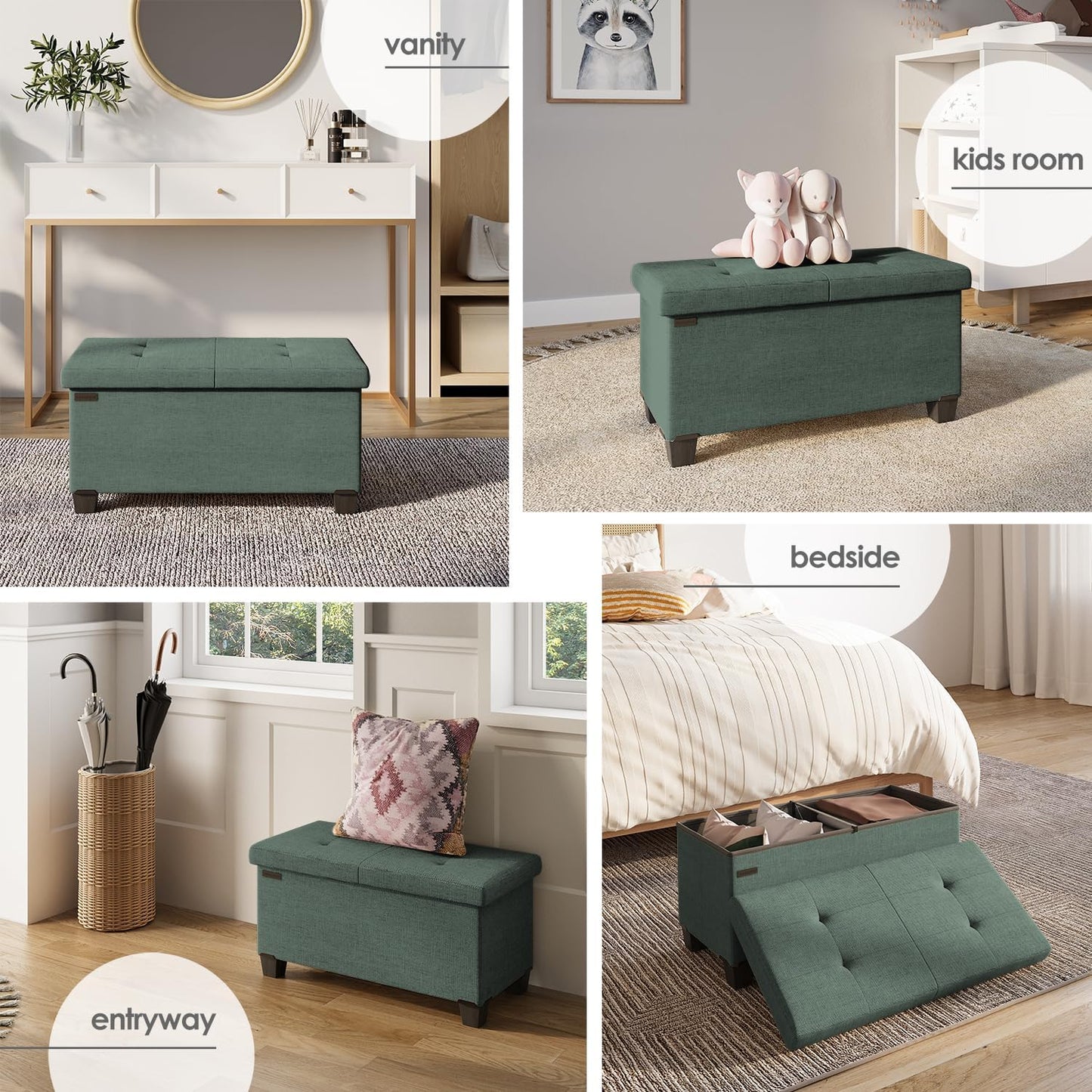 STORAGEBUD Storage Ottoman Bench with Bins, 30-in Storage Bench for Bedroom End of Bed, Folding Foot Rest Ottoman for Living Room Max 660lbs, Fabric Ottomans, Green