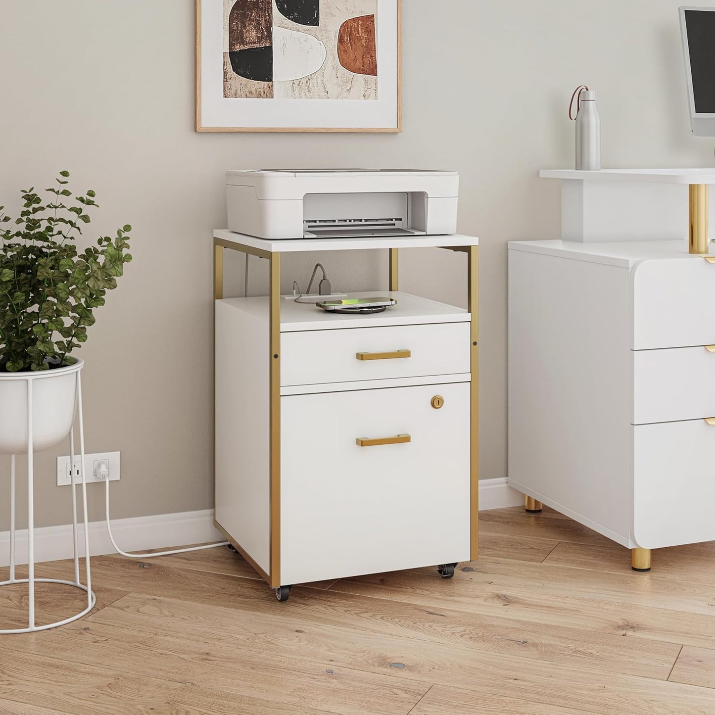 Modern 2-Drawer Rolling File Cabinet with Lock, 2 USB Ports and Power Outlet for Device Charging, Portable File Organizer or Printer Stand for Office or Home with Locking Wheels, White & Gold