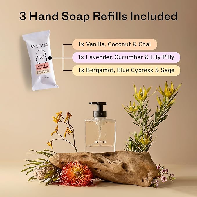 Tirtyl Skipper Hand Wash Single Kit Glass - 1 Glass Foaming Dispenser + 3 Tablet Refills (3x 8 fl oz bottles of soap) - Variety Fragrances