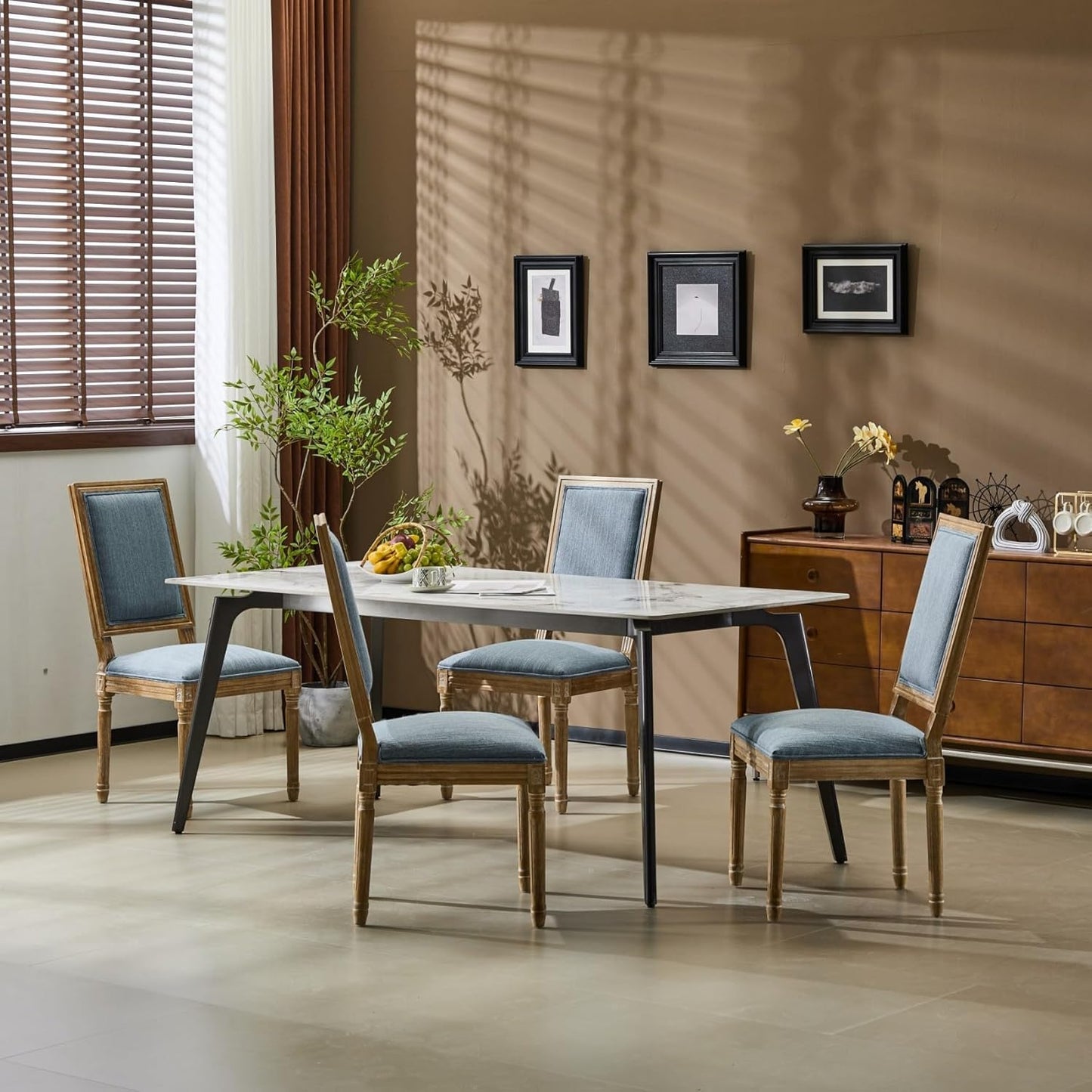 Merax Upholstered Solid Wood Dining Chairs Set of 4, French Country Style Accent Side Seating Furniture for Kitchen, Living Room, Cushioned Back, Slate Blue