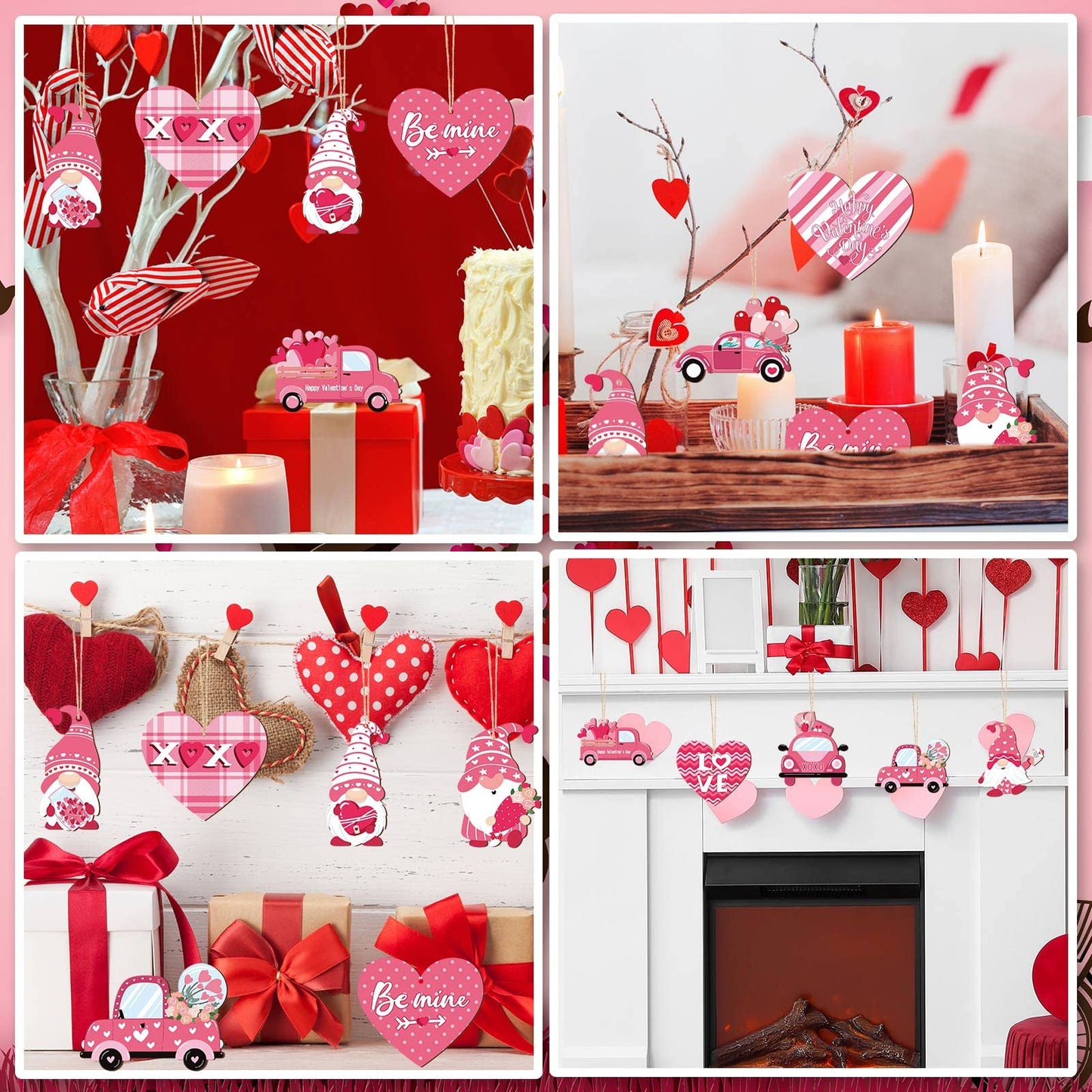 Qunclay 36 Pcs Valentine's Ornaments Valentines Wooden Hanging Gnome Ornaments Pink Romantic Wall Decor Pink Truck Decoration Pickup Truck Decoration for Anniversary