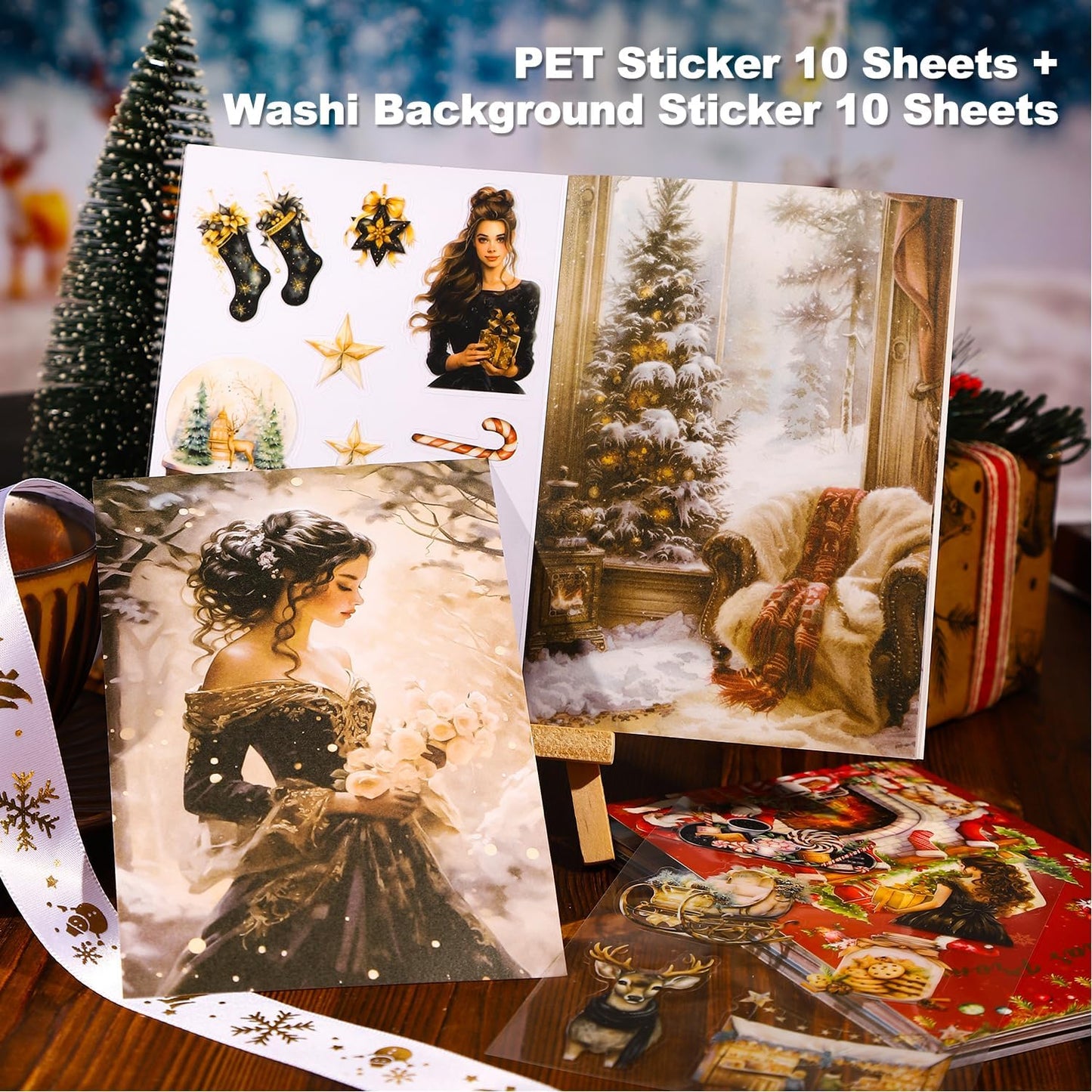 4-Pack Christmas PET & Washi Sticker Book Set – 80 Sheets of Festive Pre-Cut Stickers for Scrapbooking, Journaling, DIY Crafts, and Holiday Gift Wrapping