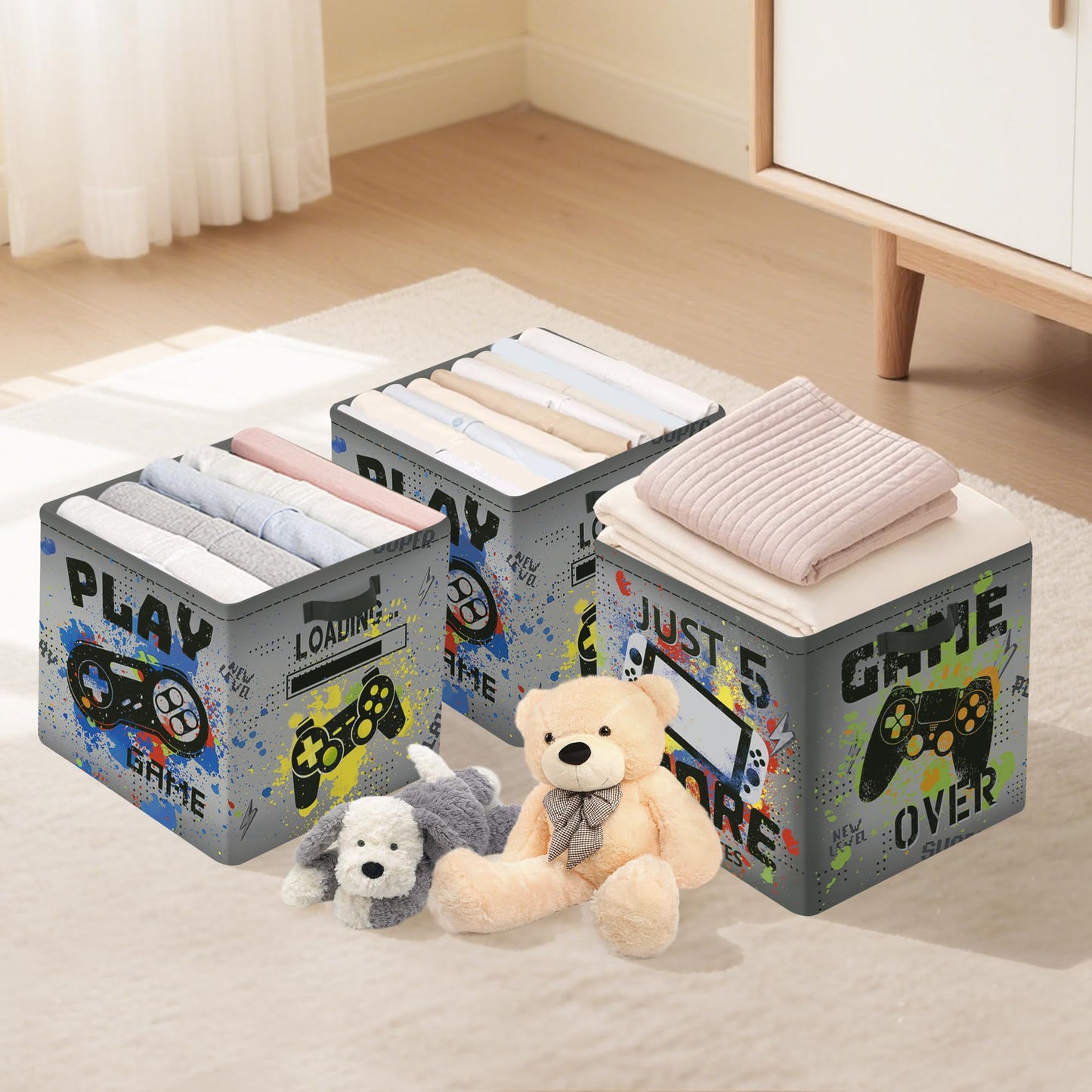 Clastyle Video Game Kid Storage Cube Organizer Set Black Gamepad Closet Clothes Cube Storage Bin Nursery Toddler Toy Box Chest Girl Boy Book Shelf Basket,Graffiti,11.8x11.8x11.8 in