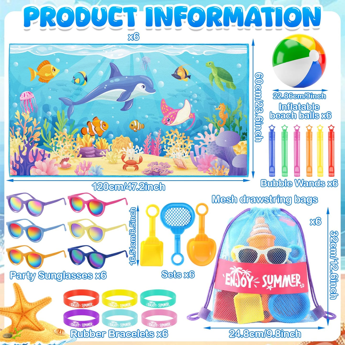 Honeydak 6 Set Pool Party Favors for Kids End of Year Gift Summer Mesh Drawstring Bag Beach Towels Ball Shovels Toys Bulk for Pool Beach Games Birthday Party Supplies Summer Graduation Student Gifts