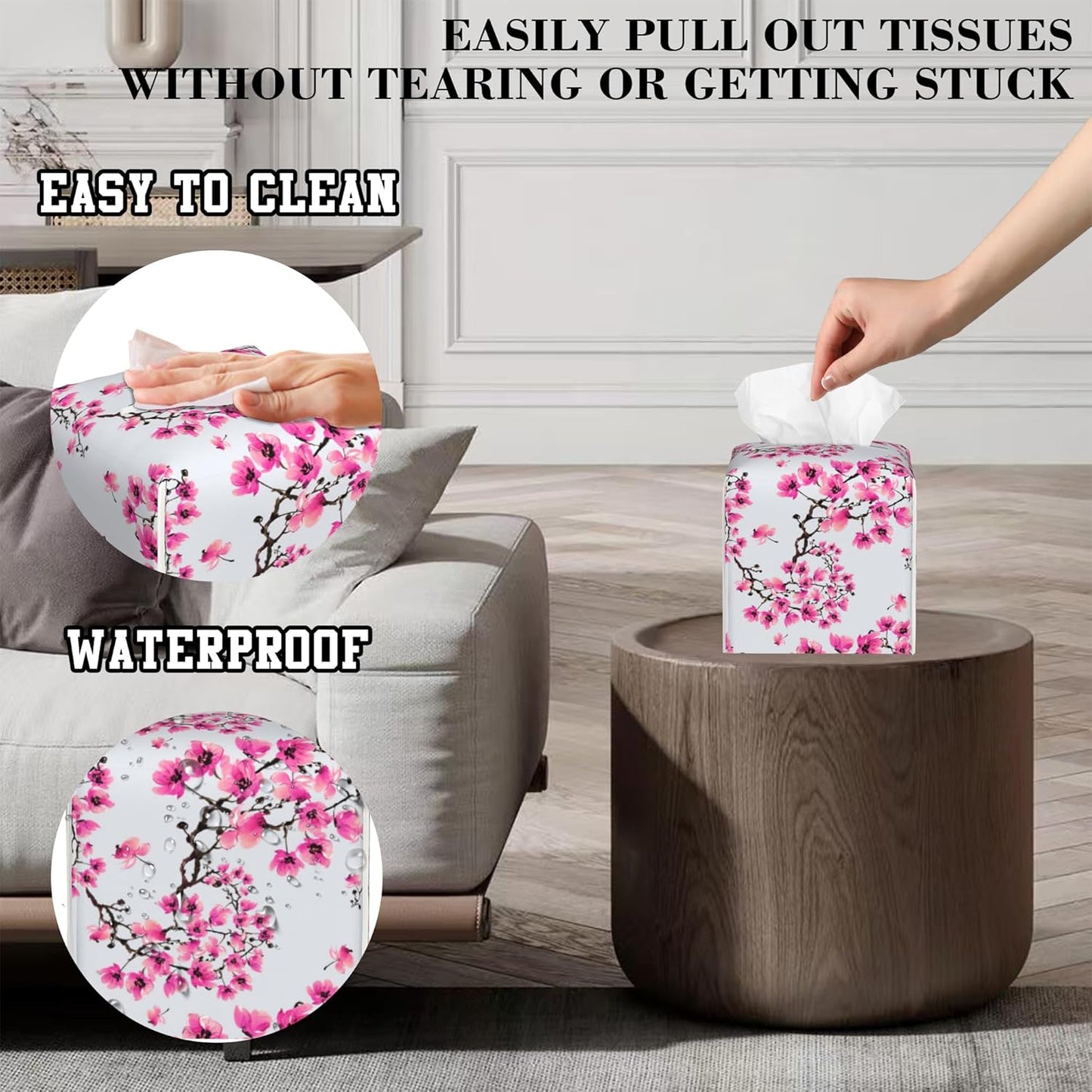Cherry Blossom Flowers Tissue Box Cover Square, Tissue Box Holder Leather Facial Paper Case Decorative Organizer Holder Dispenser Home Office Car Decor