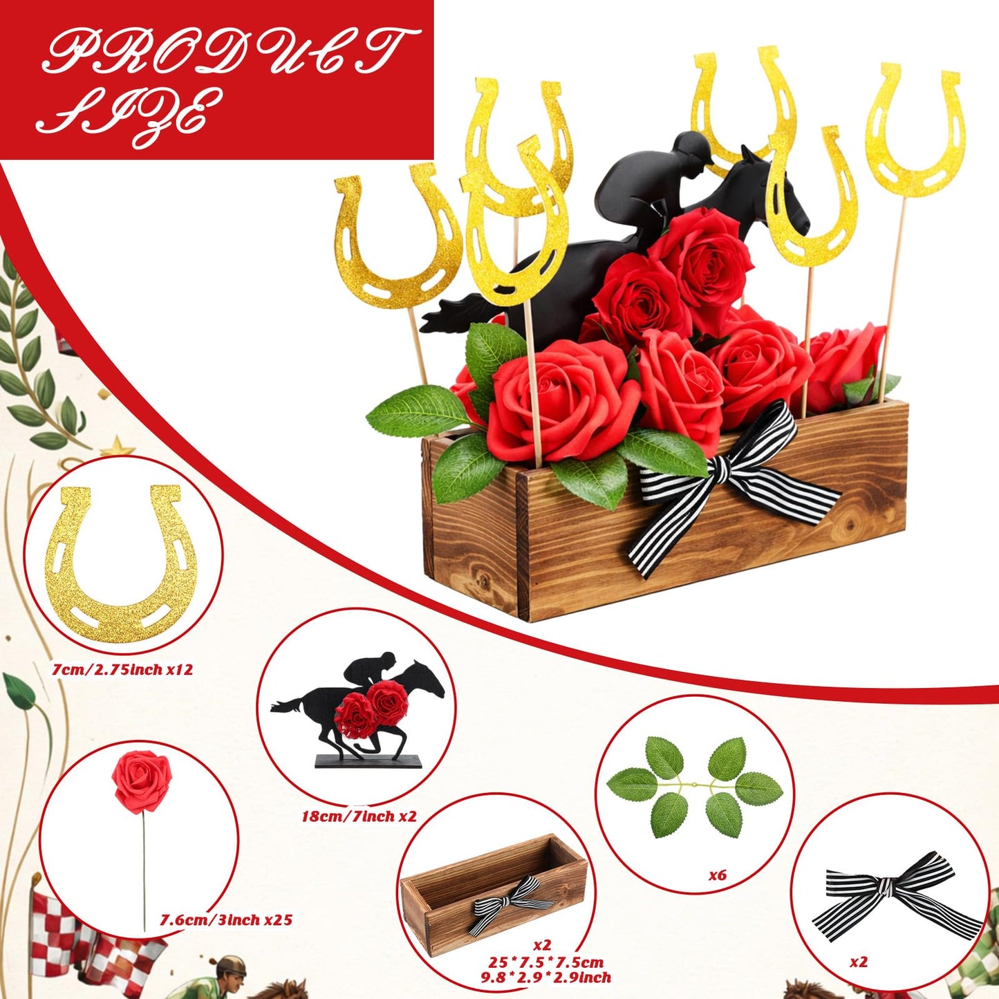 Wenqik 49 Pcs Derby Party Decorations Centerpiece Set Rustic Wooden Planters Box Artificial Red Roses Flowers Bouquet and Horse Racing for Derby Table Birthday Party Supplies