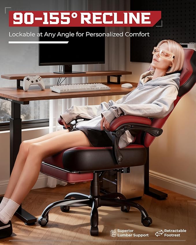 GTPLAYER Gaming Chair, Computer Chair with Footrest and Lumbar Support for Adults, 360°-Swivel Big & Tall Reclining Seat for Office or Gaming (Wine Red)