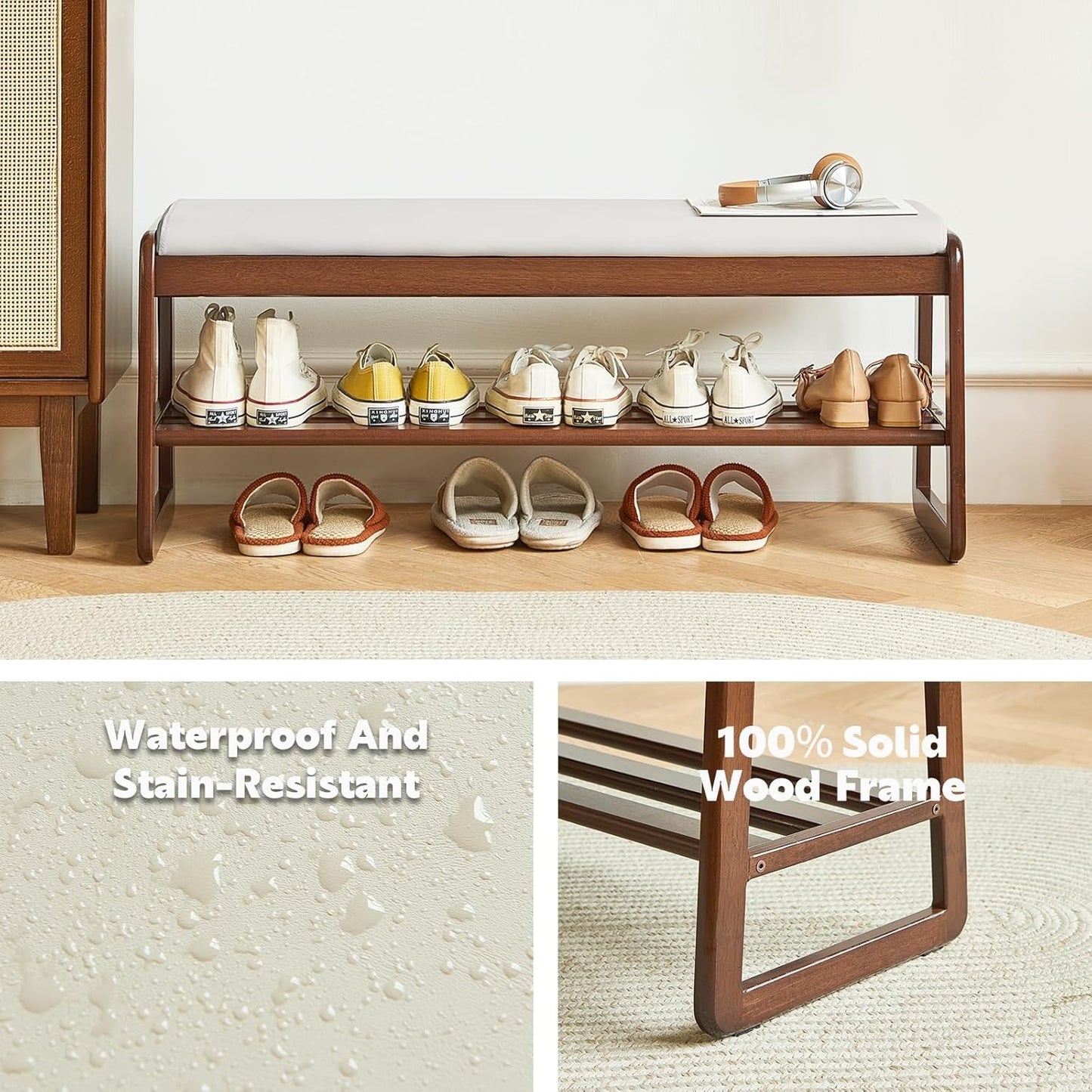 Solid Wood Shoe Bench, 2-Tier Wooden Storage Entryway Bench, Mid-Century Modern Shoe Bench Rack, End of Bed Bench with Faux Leather Cushion, Ottoman Bench for Hallway, Living Room (Cream Grey 31.5'')