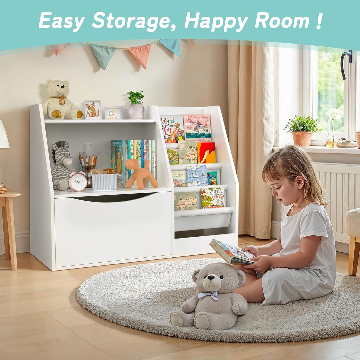 TOETOL 2 Tier Kids Bookshelf and Book Storage，4 Sling Toddler Bookshelf, Storage Boxes Book Shelf & Organizer for Nursery Playroom Classroom Library Bedroom White