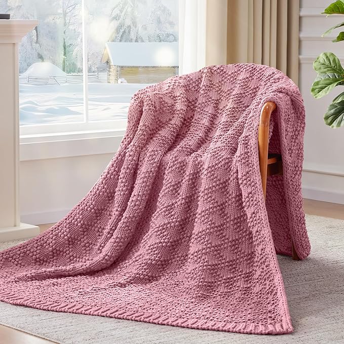 Knitted Weighted Blanket for Adult, Chunky Knit Weighted Throw for Sleep 40"*60" 7lbs, Cooling Breathable Heavy Blanket for Hot Sleepers, Machine Washable Blanket for Room Decor(Pink)