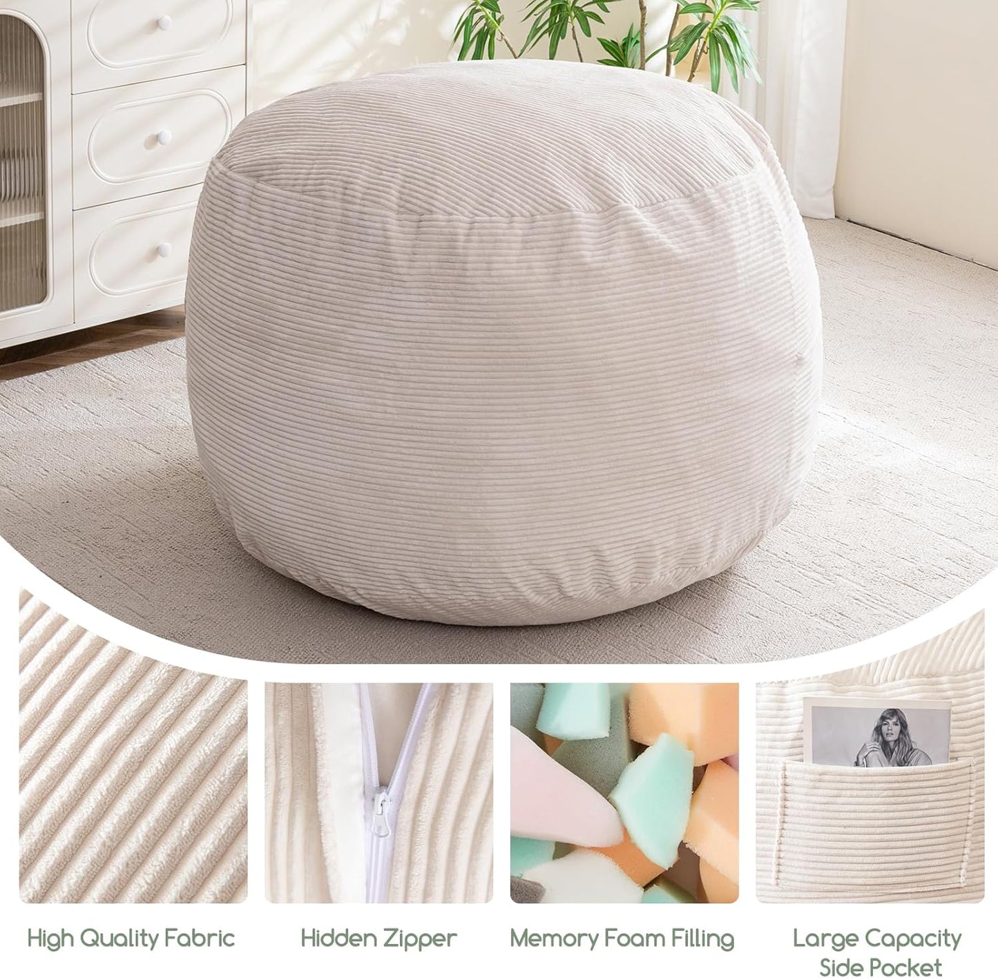 HIGOGOGO Giant Bean Bag Chair Bed for Adults,Convertible Beanbag Folds from Lazy Chair to Floor Mattress Bed,Large Floor Sofa Couch for Adult,Couples,Family, Machine Washable, Beige