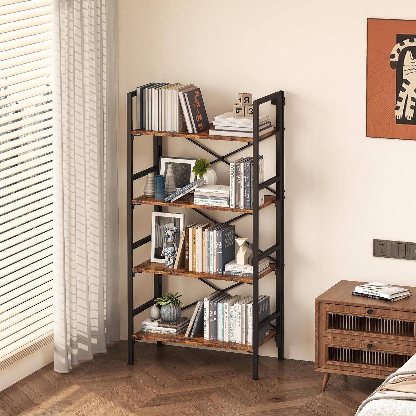 Folding Bookshelf,4 Tier Bookcase Foldable Shelf with X-Bracket Design, Adjustable Feet, Space Saving Storage for Living Room, Office, Rustic Brown