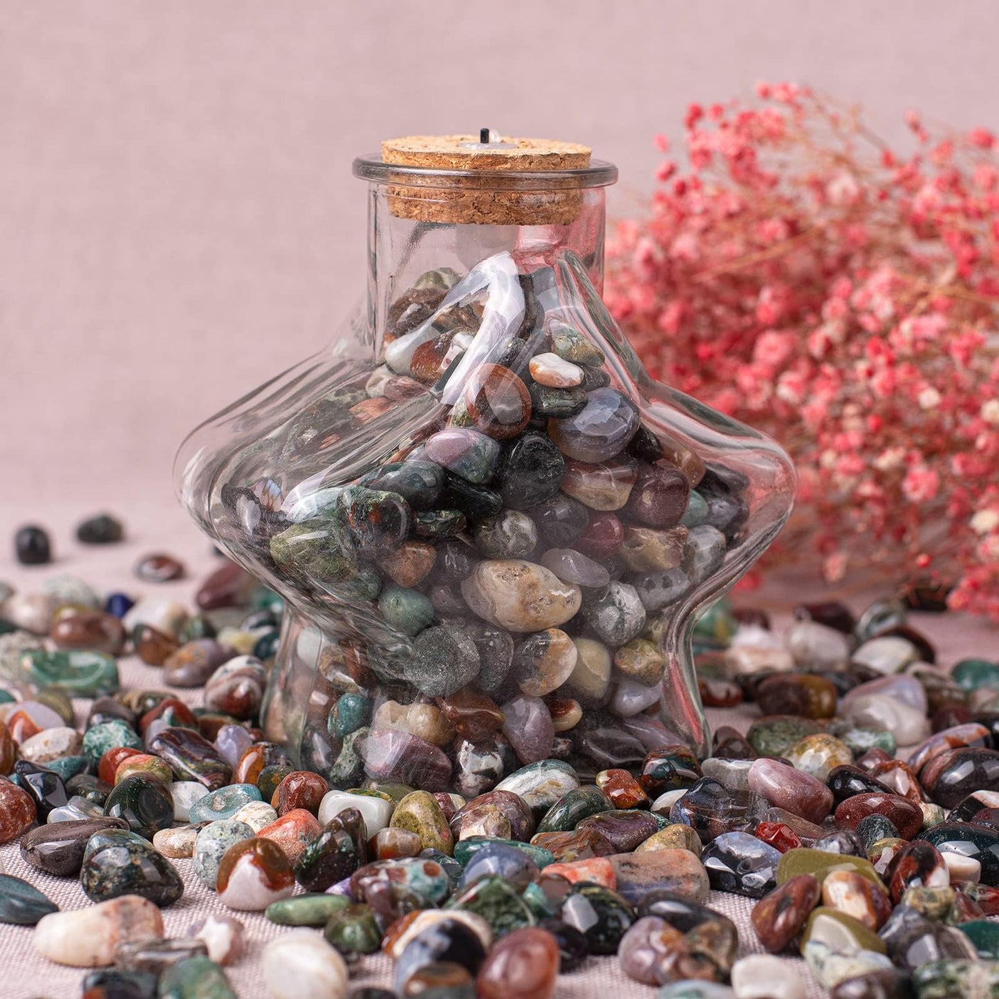 SigMntun Polished Ocean Jasper Crystal Chips 128 Pcs - 0.4" 10 oz Pretty Tumbled Stone Mineral Rocks Chips Crushed Sea Glass Stones Healing Reiki Crystal Making Home Decoration