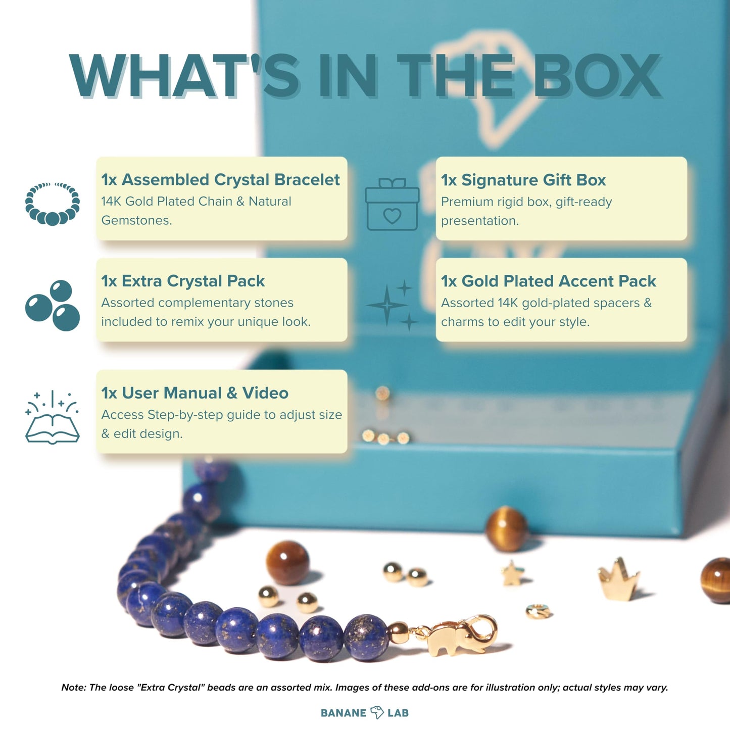 BANANE LAB Lapis Lazuli Bracelet | DIY Customizable Design | Natural 8mm Royal Blue Gemstone Beads on 14k Gold Plated Chain | Adjustable Third Eye Wisdom & Truth Jewelry Gift for Women