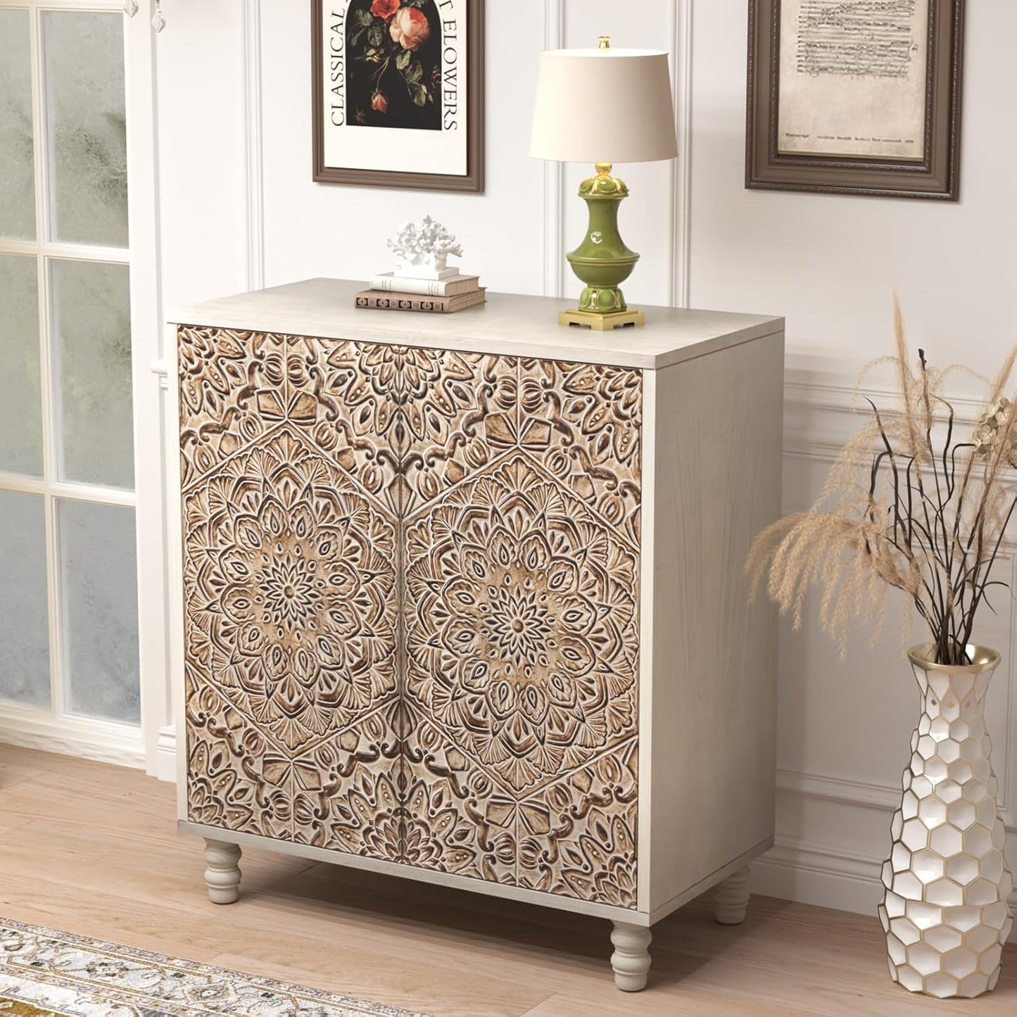 COSIEST 32" W Sideboard Buffet Cabinet with Storage, Accent Cabinet with 2 Push-to-Open Magnetic Doors, Vintage MDF Buffet Table for Living Room, Kitchen, Hallway (Gray,Firework Pattern)
