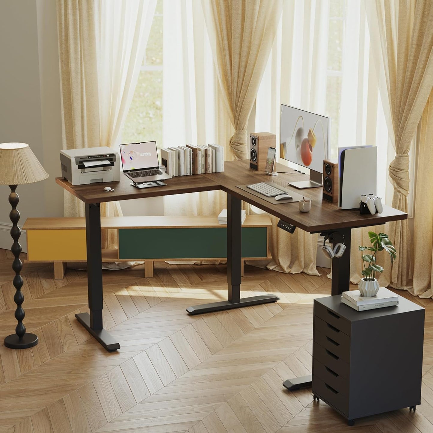 Agilestic 59 Inch L Shaped Standing Desk Adjustable Height, Electric Corner Standing Desk, Sit Stand Computer Table with Splice Board, Dark Walnut