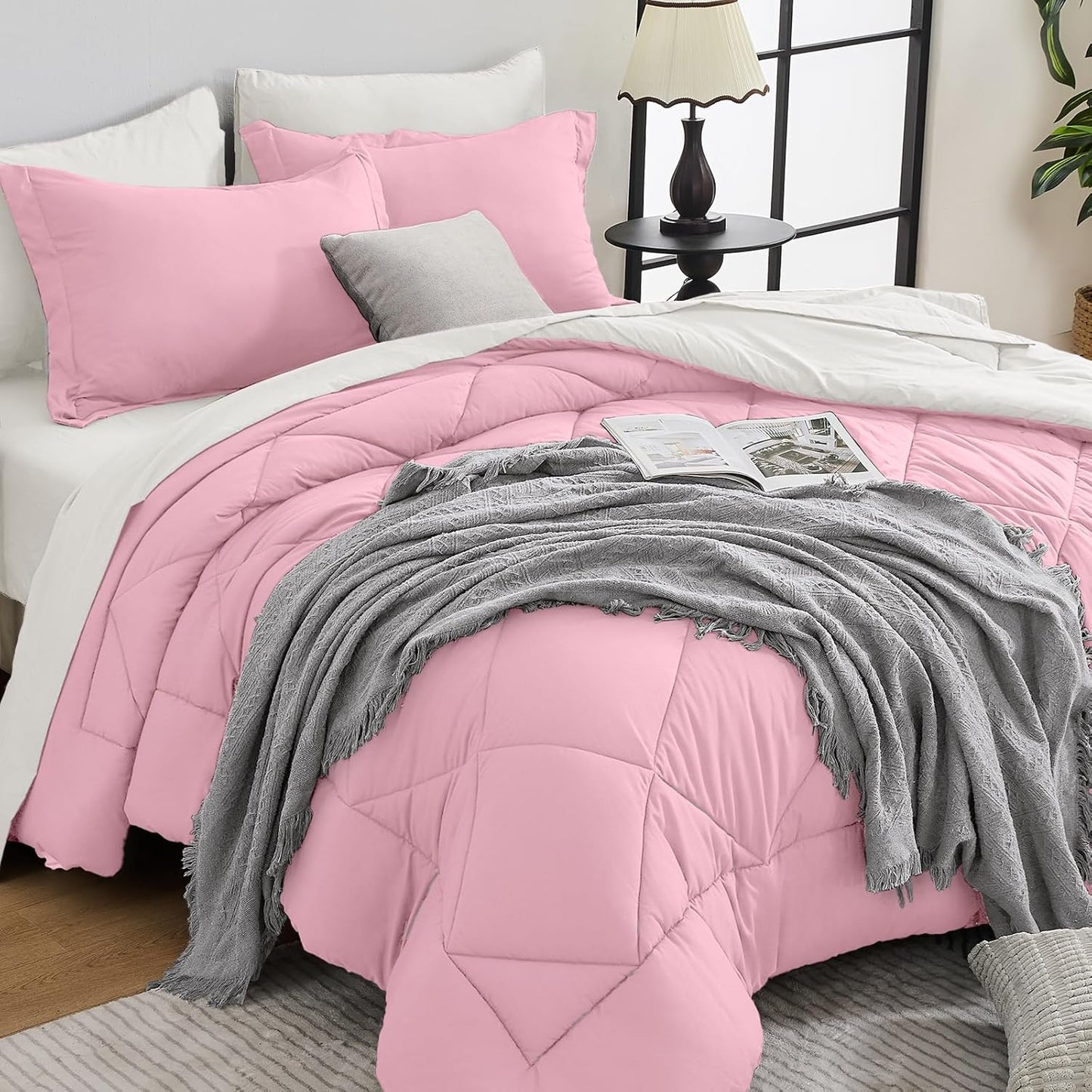 HEVUMYI King Comforter Set - 7-Piece All Season Bed in a Bag King, Ultra Soft Bedding Set with Comforter, Flat Sheet, Fitted Sheet, Pillowcases, Pillow Shams, Pink & Ivory